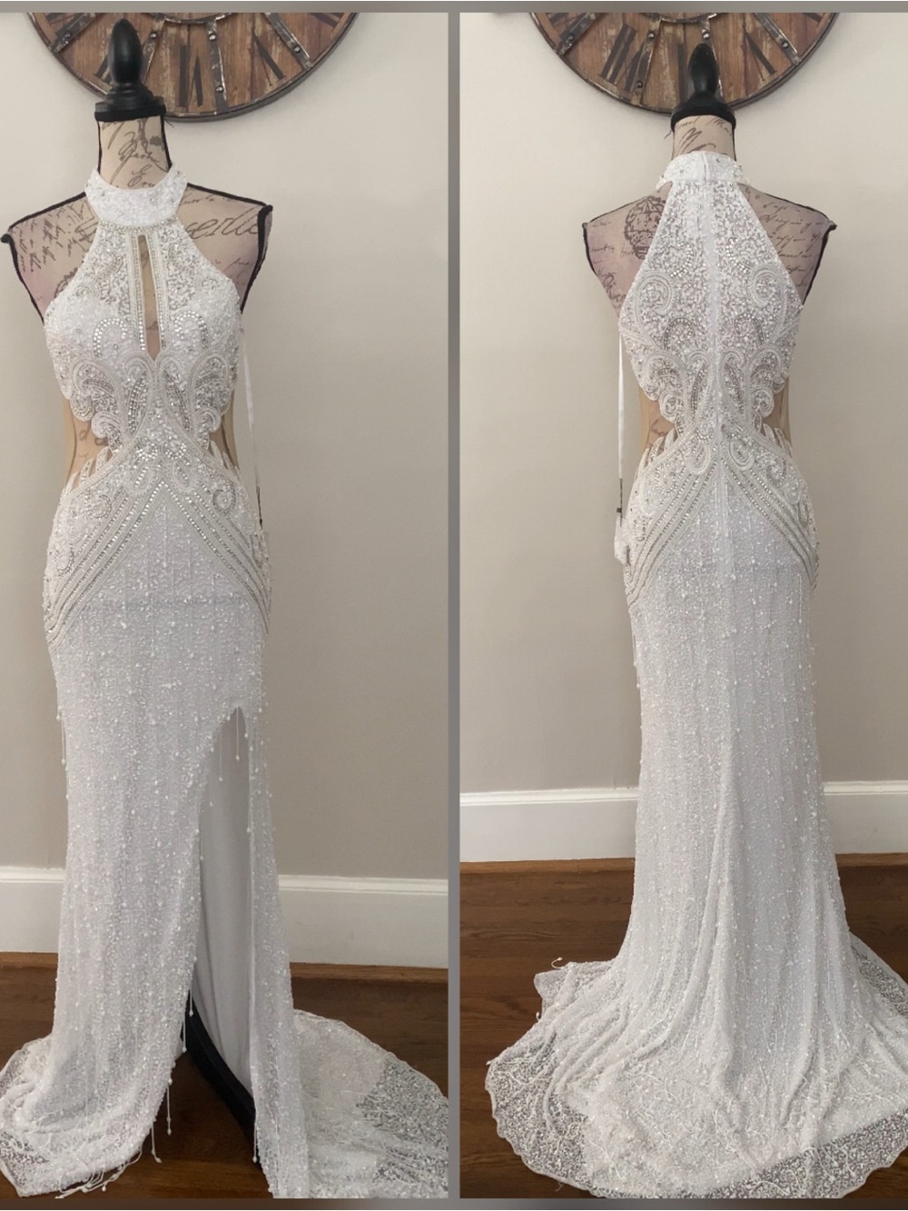 NWT halter beaded ivory white evening gown pageant formal gown prom or gala gown